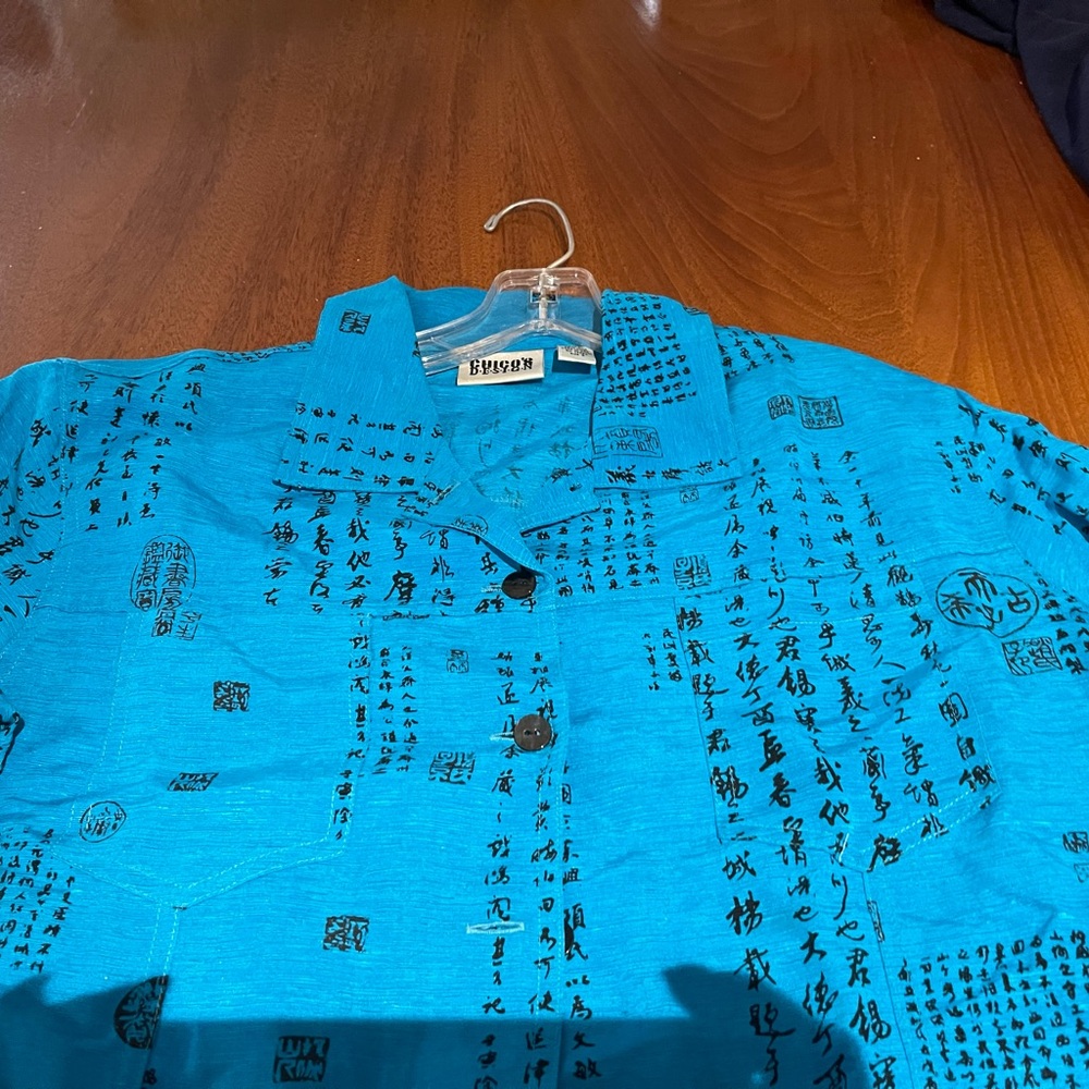 Chico's Turquoise Blue Script-Print Button-Front Jean Jacket - Picture 5 of 7